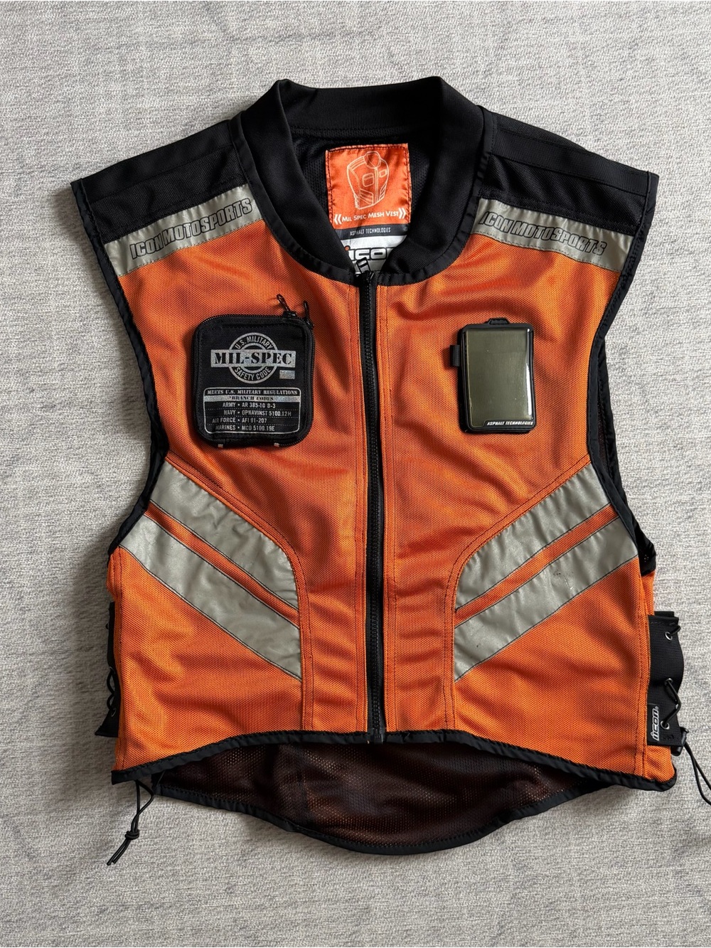 Icon Motorsport Mil-Spec Adult Black/Orange Biker Motorcycle Vest Regular Size